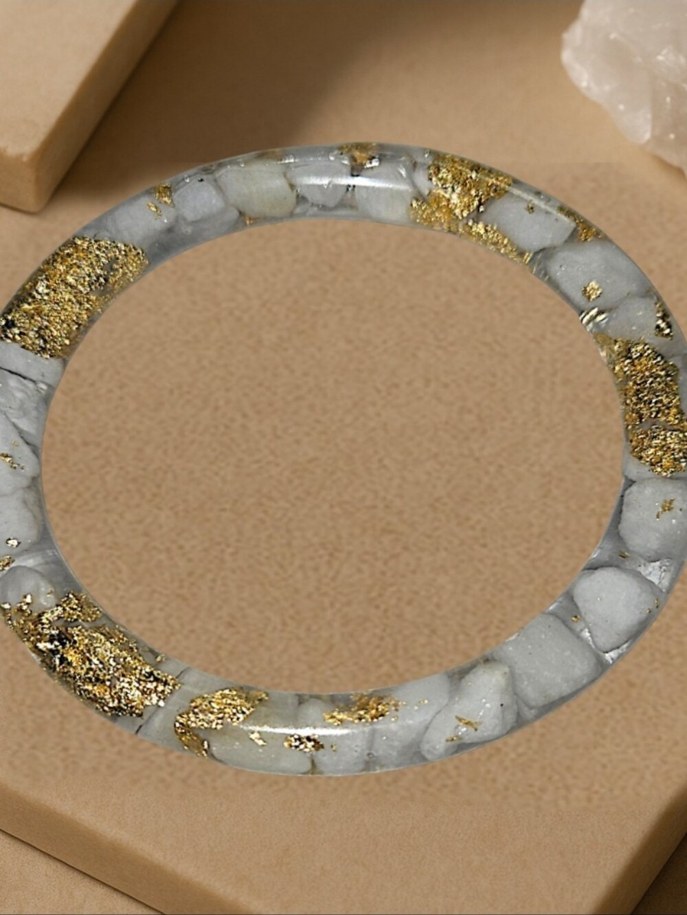 White Quartz & Gold Foil Resin Bangle Bracelet Handmade